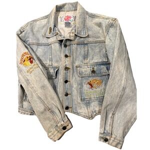 Vintage Y2K Military Embroidered Denim Jacket Cropped Festival Army Tiger M